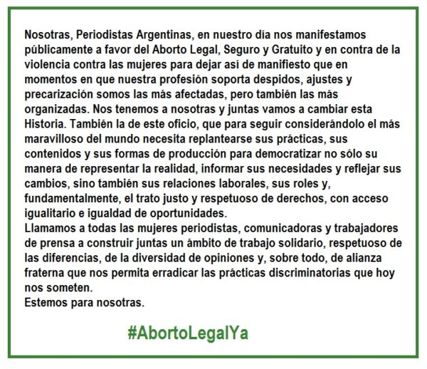 Hoy es nuestro día: Declaración de Periodistas Argentinas a favor del #AbortoLegalYa