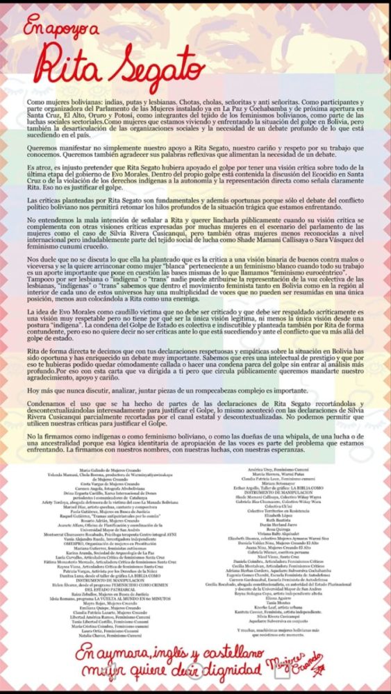 Carta de apoyo desde Bolivia a Rita Segato